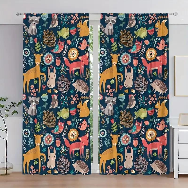 

Cute Cartoon Pattern Printed Curtains Forest Animals Bedroom Living Room Home Decoration Curtain Polyester Ideal For Sitting W100*H70(CM)-Grommet top&1PCS