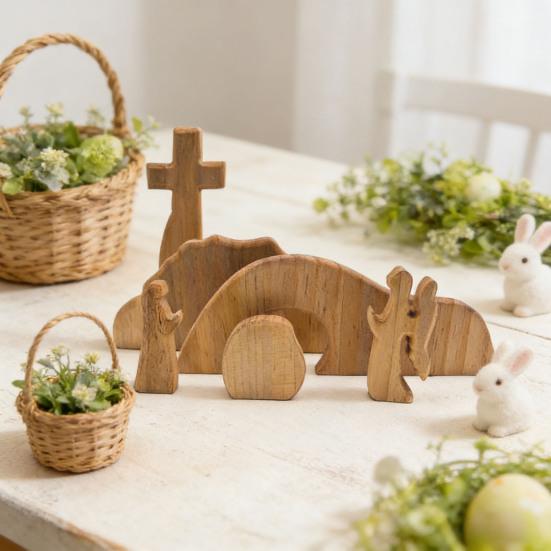 Décoration de Pâques représentant le tombeau vide, un plateau en bois avec la scène de la résurrection de Pâques et la scène de la Nativité de Jésus. Ornement de table.