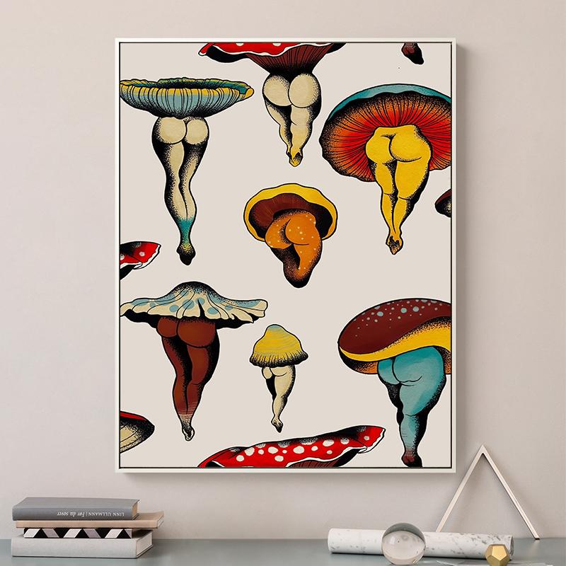 Poster estetic cu ciuperci amuzant, pictură retro pe pânză, tablou de perete vintage pentru dormitor modern, decorare a casei, fără cadru