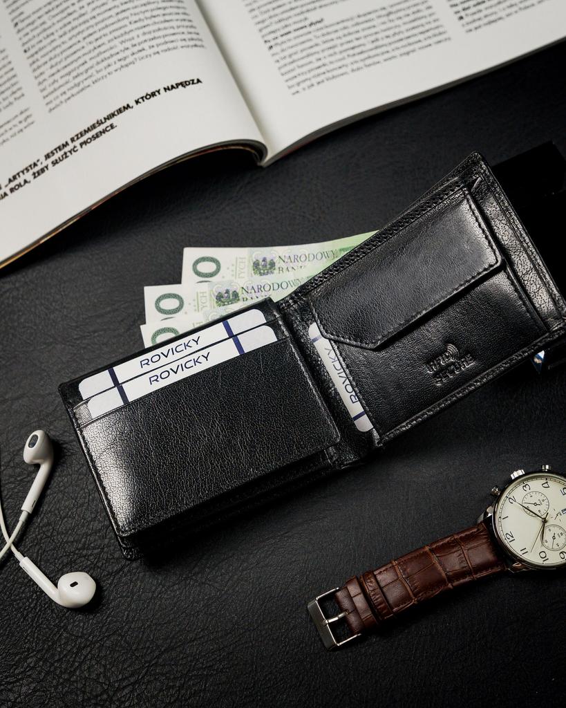Compact black wallet made of high-quality genuine leather with RFID protection - Rovicky