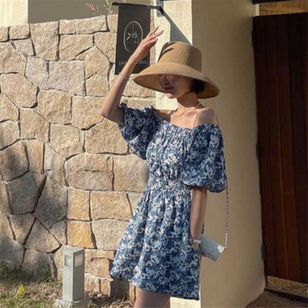 New Arrivals Open Run Women Floral Pattern Off Shoulder Smock Banding Jumpsuit