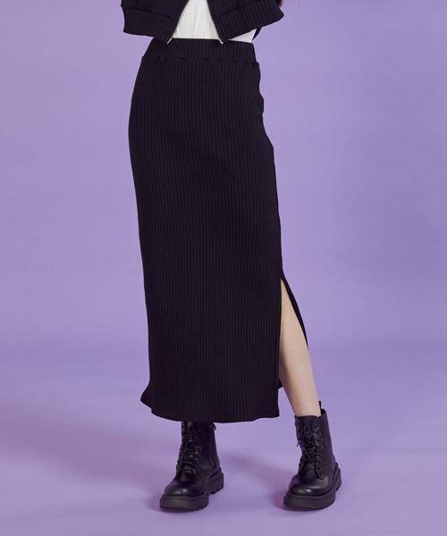 KOLEAT [Fleece-Lined Ver.] Knit Ribbed Maxi Slit Long Skirt [Black] Mx Long Skirt Ver.