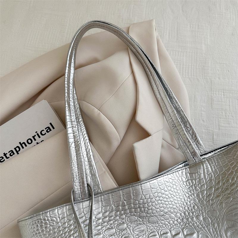Bolso de Mano Grande de PU con Patrón de Cocodrilo de un Solo Hombro - Tote de Moda para Mujeres Europeas y Americanas