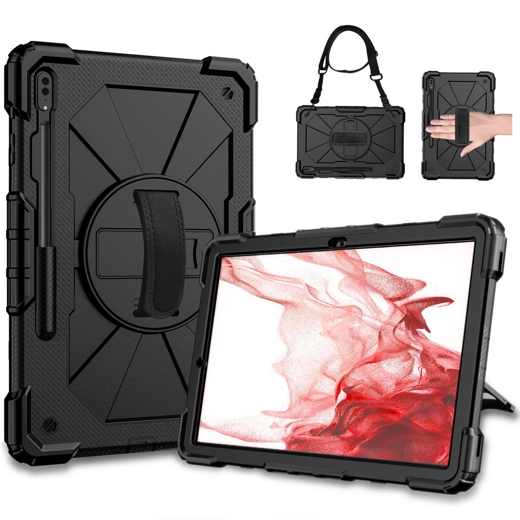For Samsung Galaxy Tab S7/ Tab S8/ Tab S7 FE/ Tab S7+/ Tab S8+ Built-In Apple Pencil Groove Shoulder Strap Design 360° Rotating Grip Shockproof Case