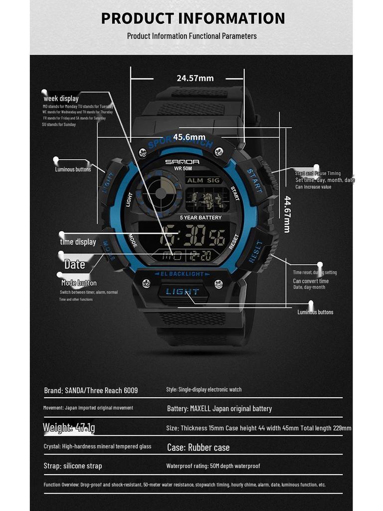 Sanda Unisex Outdoor Waterproof Multifunctional Luminous Watch with Large Dial.