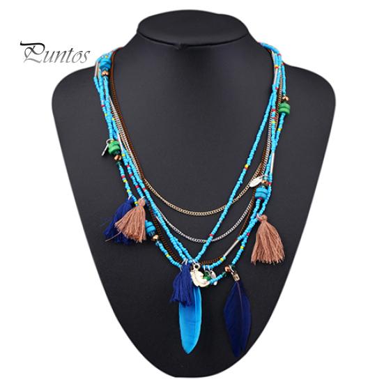 Women's Boho Ethnic Style Feathers Tassels Beads Multi-layer Chain Necklace
