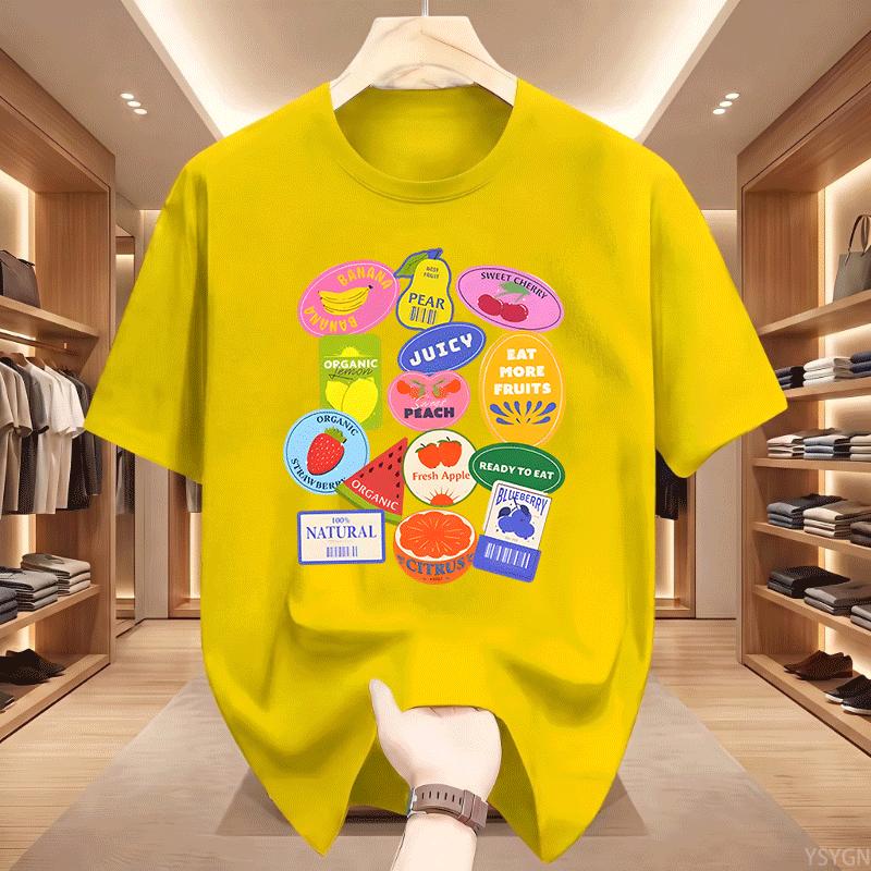 Summer Unisexs Fruit Stickers Graphic Print Tshirt Streetwear Oversized Loose Casual Short Sleeve Suitable For All Seasons Tops