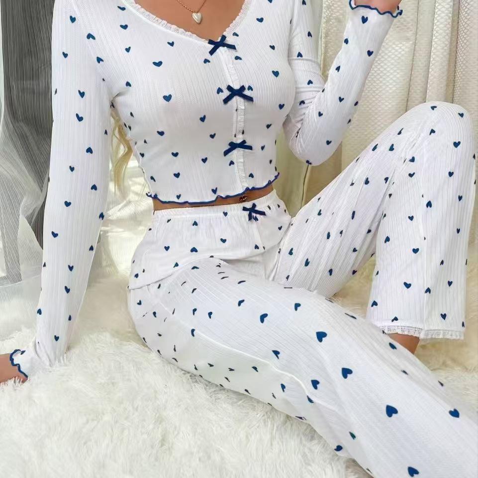 Women's 2025 European V-Neck Love Print Pajama Set - Long Sleeve Top & Pants, Indoor/Outdoor Wear