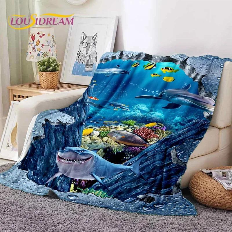 3D Illusion Underwater World Seabed Shark Dolphin Soft Flannel Blanket for Beds Bedroom Sofa Picnic,Throw Blanket Outdoors Gifts