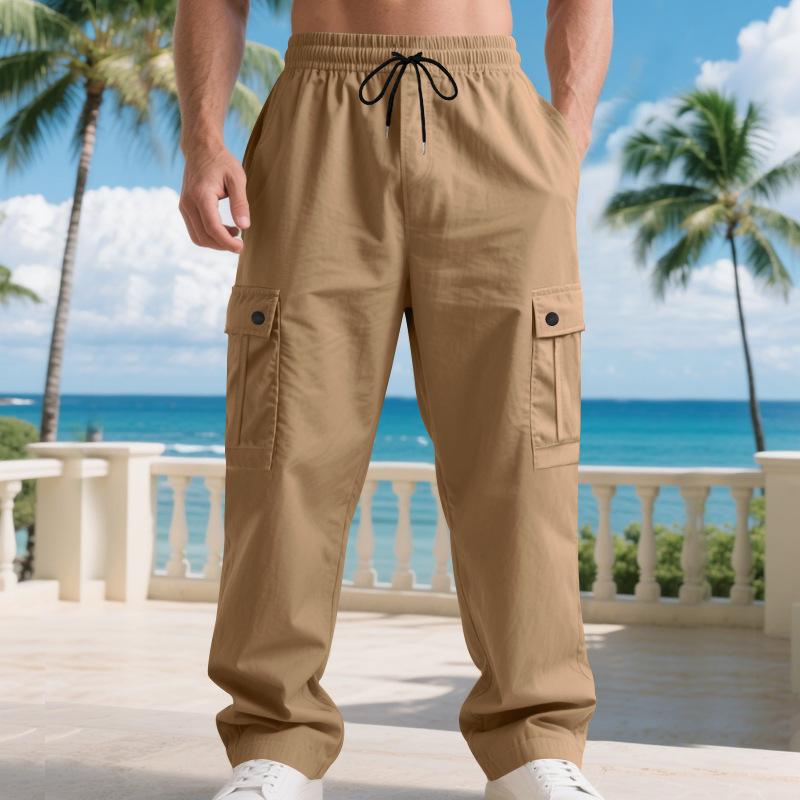 Men Winter Spring Cargo Pants with Multi Pockets Elastic Waist Straight Loose Street Style Sport Trousers