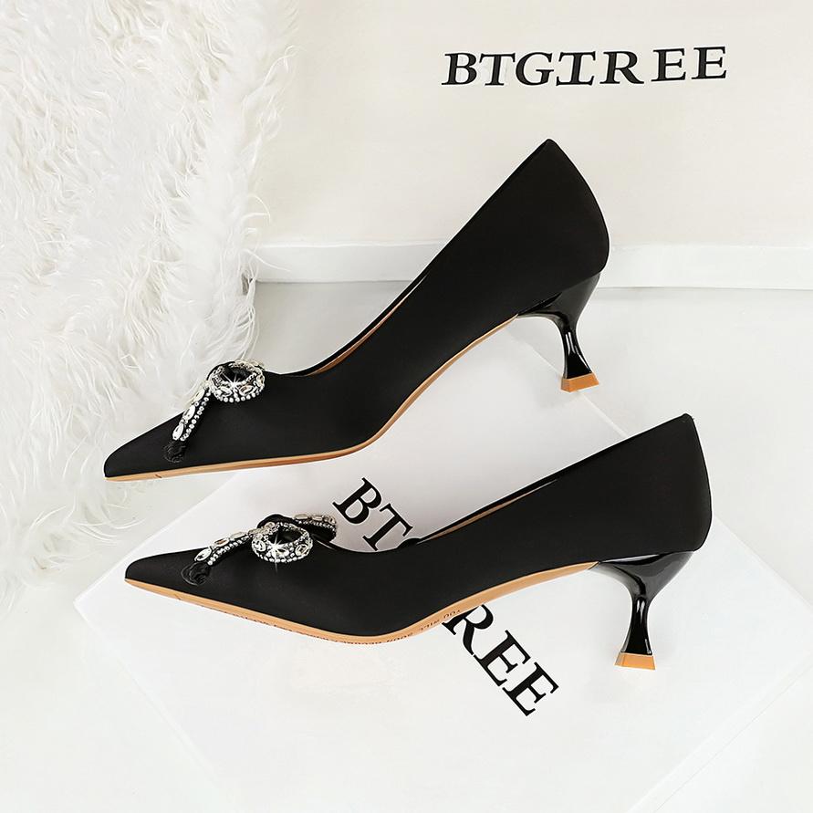 Water Diamond Bow Pointed, Thin Heel, Silk Heel, Single Shoe, Wine Glass Heel, Women's Single Shoe