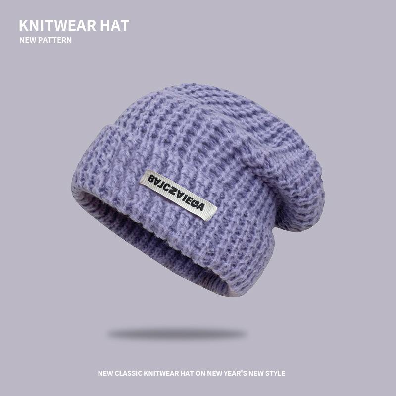 Gray wool hat women's autumn and winter versatile big head circumference knitted hat showing face small pile hat loose hat tide
