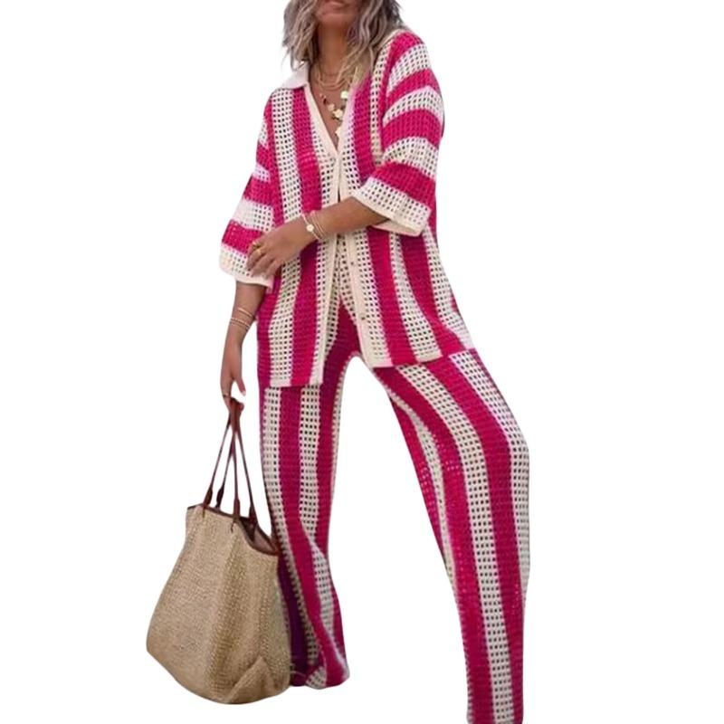 Conjunto de pantalones anchos de punto holgados con camisa de rayas con escote en V y aberturas para mujer de verano