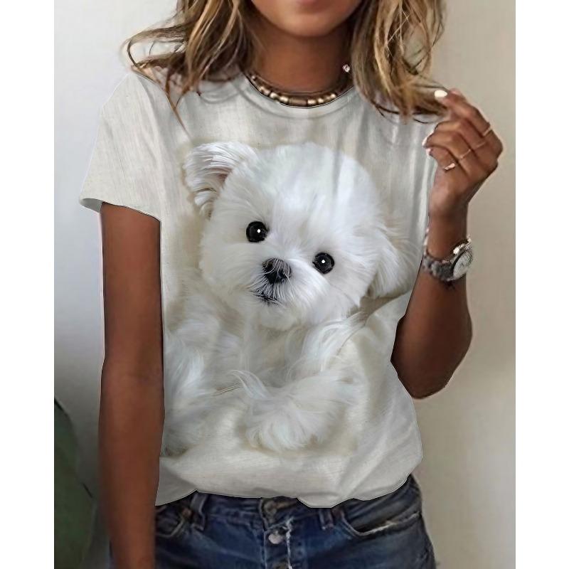 

Women s T Shirt Print Dog Basic Short Sleeve Round Neck Regular Tops Daily Weekend Custom Print White Beige Gray S