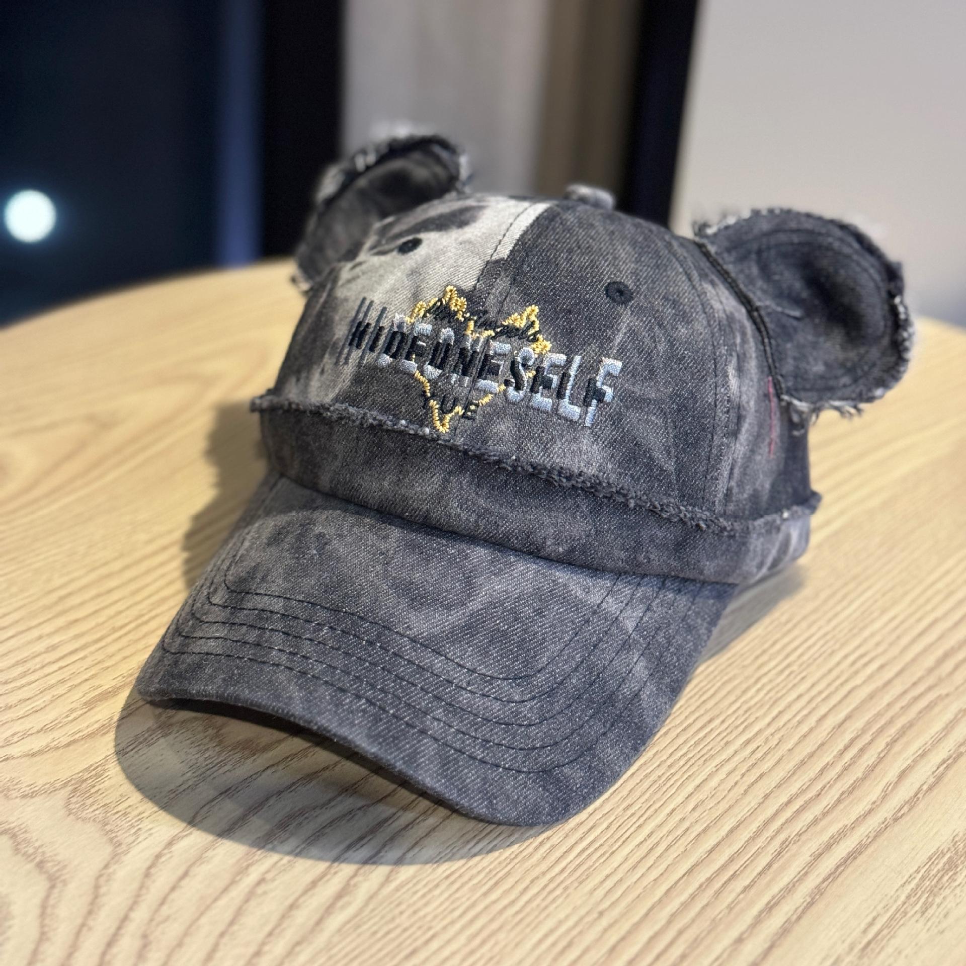 

New cute bear ear baseball cap for men and women with letter embroidery, washed high-quality denim sunshade cap Adult54-60Adjustable чёрный