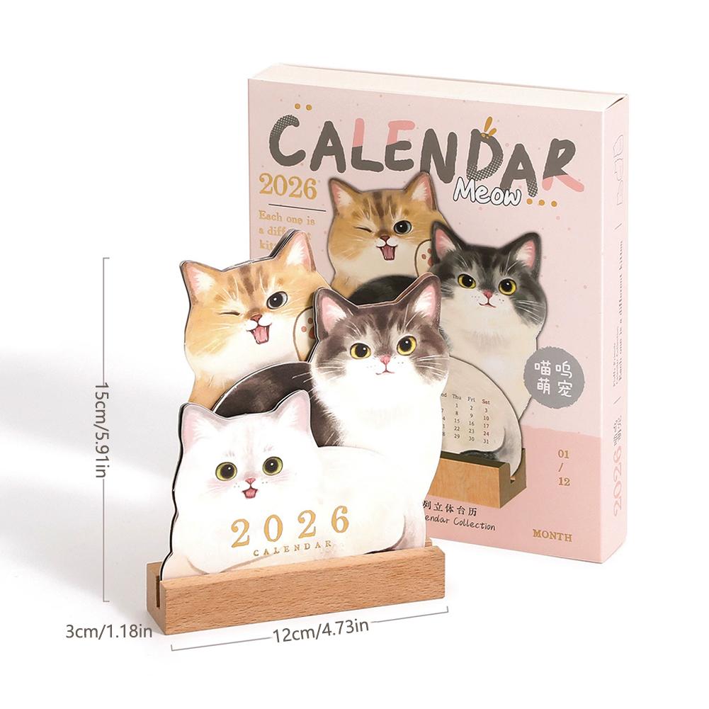 2026 Cartoon Dog Cat Card Insert Desk Calendar Monthly Planner With Wooden Base Desktop Decor For Monthly Schedule Organizer