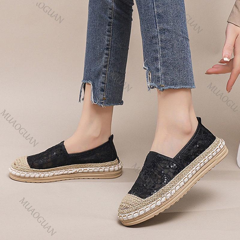 Fashion Lace Breathable Fashion Flats for Women Casual Slip On Spring Summer New Weaving Sequins Loafers Mixed Color Flat Single Shoes