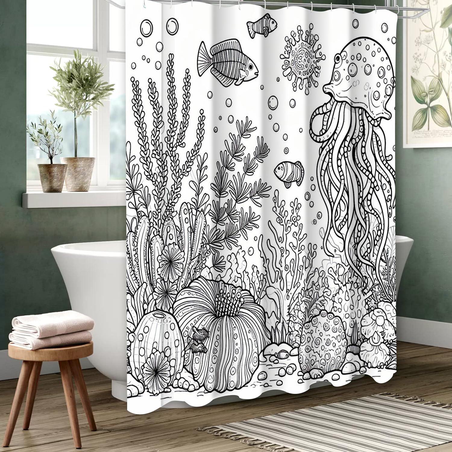 

Черно-белый подводный мир Занавеска для ванной Водонепроницаемая шторка для душа для ванной с 12 крючками Домашний декор Бесплатная доставка 180x180cm curtain чёрный