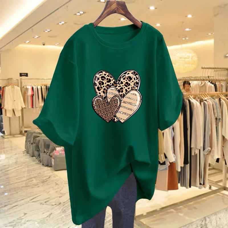 Cotton love print t-shirt women's summer fashion crew neck top large size women's clothing