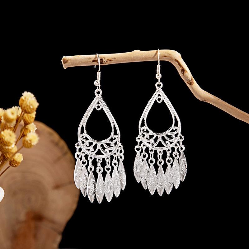 Miao geometric bells, fringed earrings, minority earrings, bohemian long leaf earrings