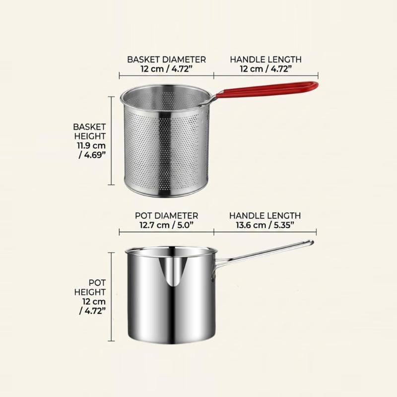 Type 304 Steel Stovetop Frying Saucepan Set with Removable Perforated Basket, Lid, and Narrow Deep Shape for Frying Modest Servings and Draining