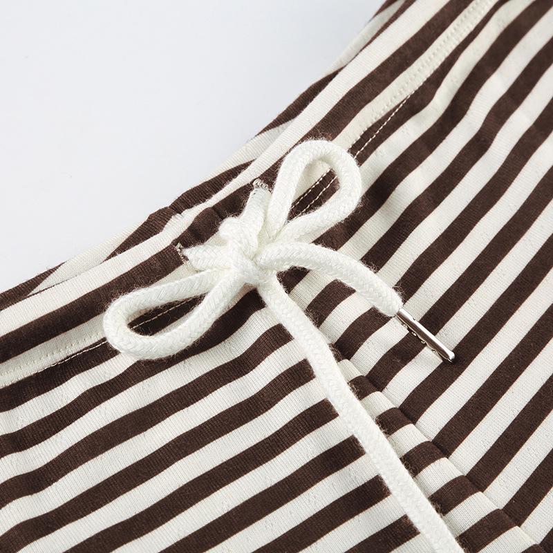 Korean Autumn Striped Two-Piece Set: Round Neck Button-Down Long Sleeve Top & Low Rise Shorts for Women