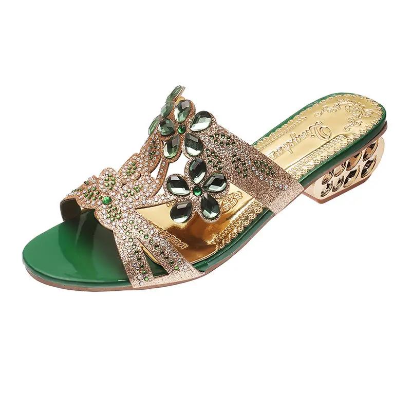 Fashion Rhinestone Women's Slippers and Ladies Sandals Low Heel Korea Style Pvc Vip Shoes Chic Elegant Price Slides On Promotion Unique