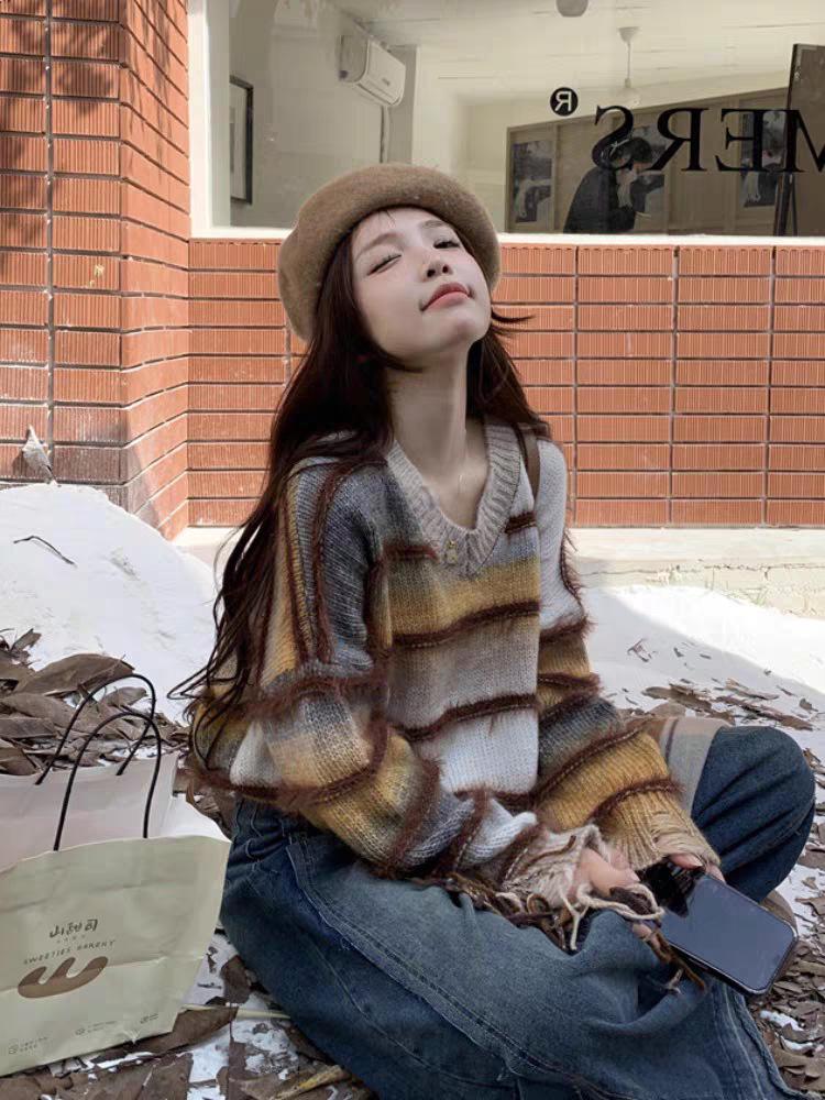 Women's Japanese Retro V-Neck Pullover: Striped Sweater for Autumn/Winter 2024 - Loose, Lazy Style Knit Top