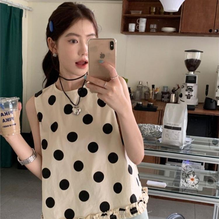 French Temperament Thin Round Neck Vest Women's Summer New Korean Retro Playful Fungus Edge Sleeveless Polka Dot Shirt