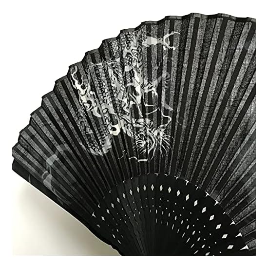 Dragon Folding Fan (Sensu) Men's 23cm Premium Cotton Fan Japanese Pattern Black Openwork Cloud Drago