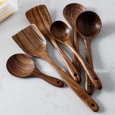 7 szt./zestaw Teak Naturalne Drewno Zastawa Stołowa Łyżka Waza Łopatka Cedzak do Ryżu Skimmer do Zupy Łyżka do Gotowania Miarka Zestaw Narzędzi Kuchennych Wielokrotnego Użytku