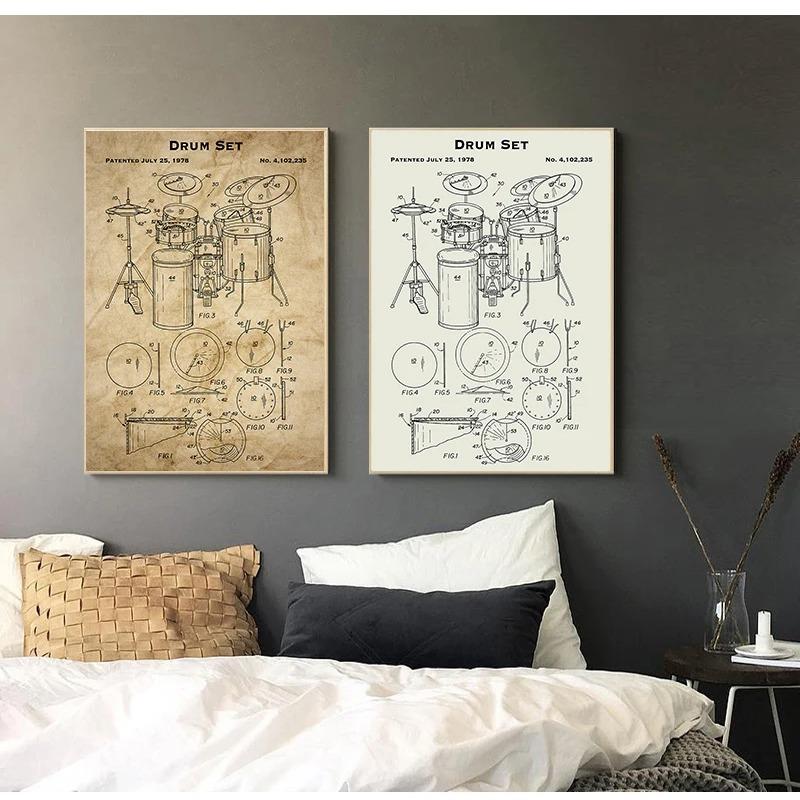 Music Instruments Patent Print Vintage Poster Drum Blueprint Retro Wall Art Canvas Painting Drummer Gift Music Studio Decor