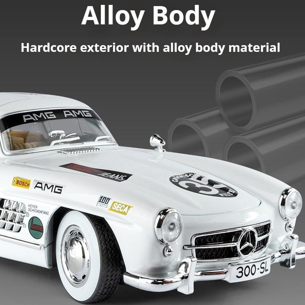 1:18 Scale 300SL Cars Toy Model Alloy Diecast Wheels Turned Miniature Vintage Car with Light Music Vehicle Kids Xmas Toys