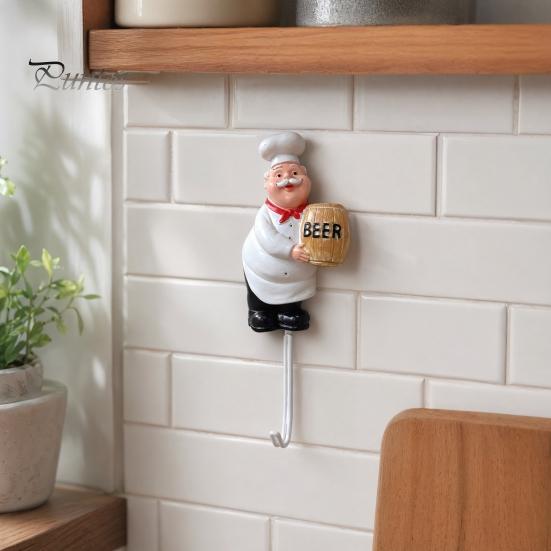 No Damage Wall Hook Cute Chef Shape Hook, Strong Resin Kitchen Punch Bearing Capacity Adhesive Backing Decorative for Home Hang Utensils Dishcloths