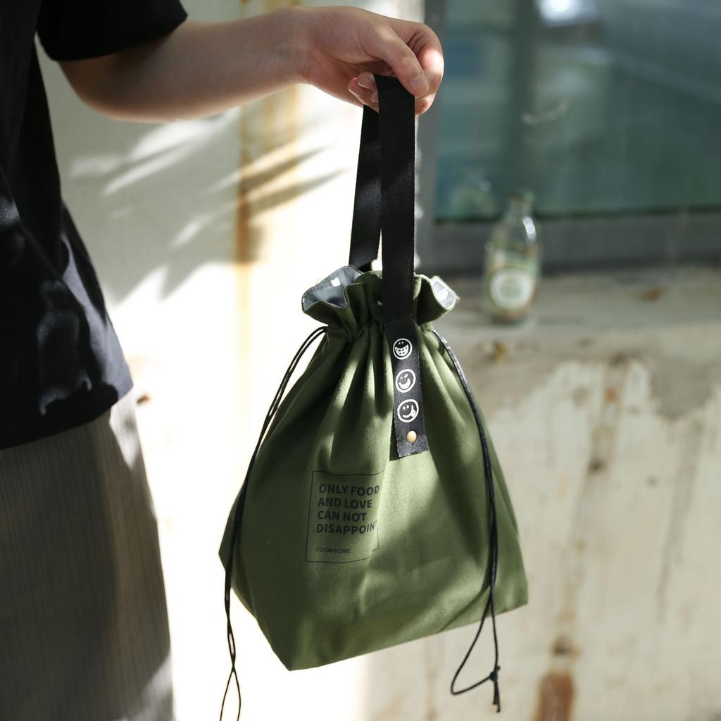 Portable Insulated Canvas Lunch Bag with Drawstring Closure Folding Bento Bag Cooler Tote Bag for Work School Picnic Camping