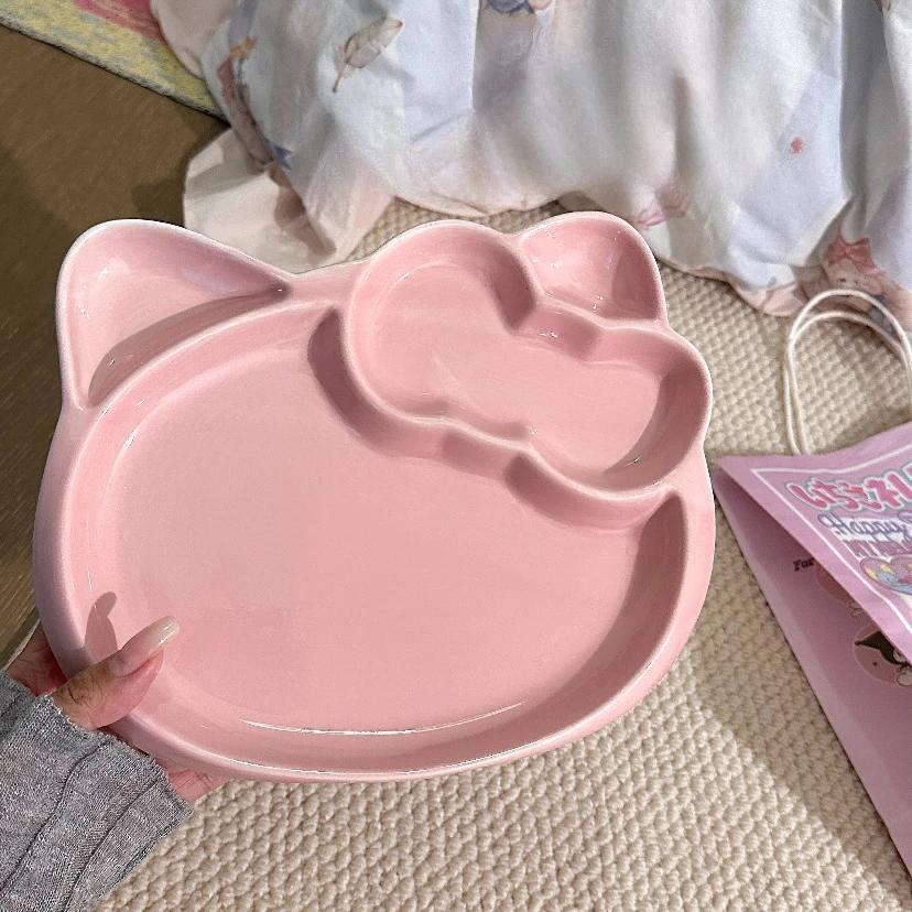 Cute Cat Bow Tie Ceramic Plate, Household Cartoon Grid Dumpling Plate, Noodle Salad Fruit Plates,Exquisite Kitchen Utensils Gift