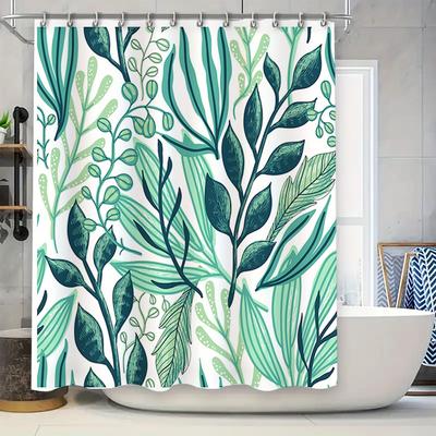 Green Leaves Shower Curtain Modern Floral Design for Bathroom Decor Waterproof Fabric with Hooks Included Set Length