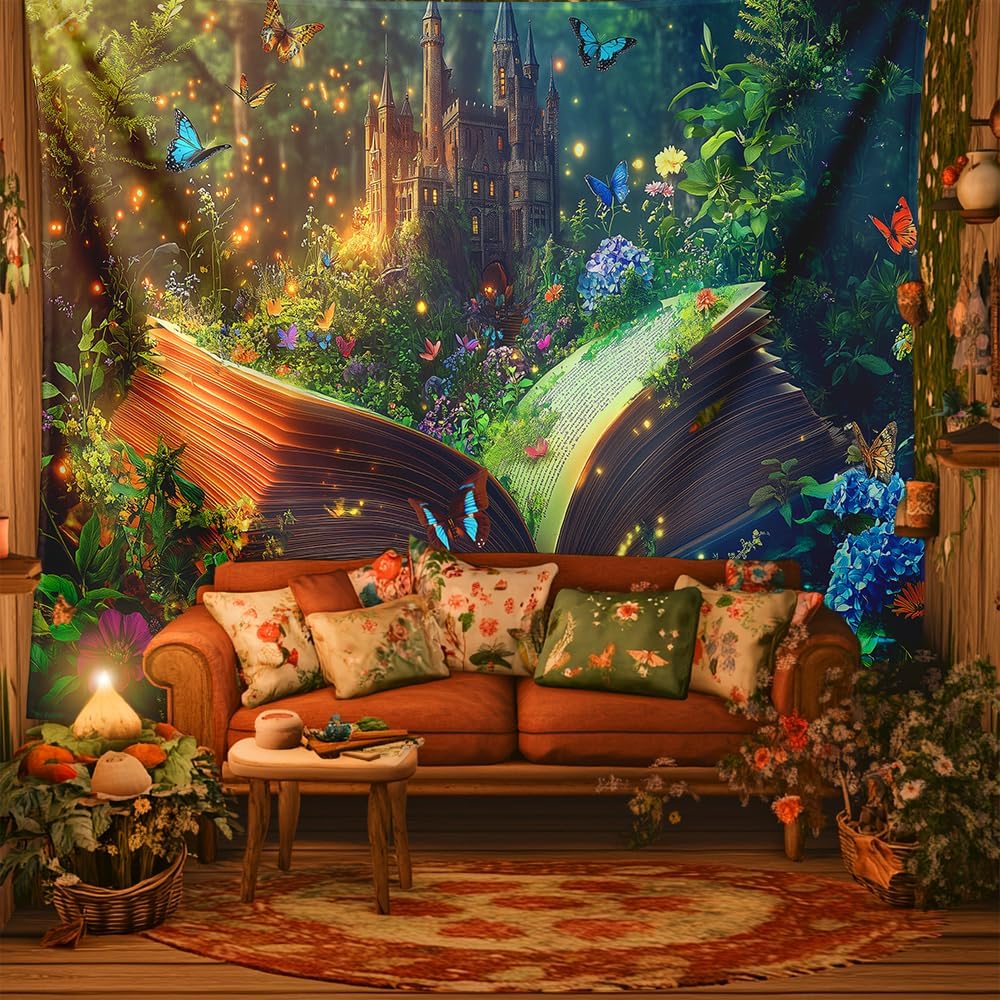 Magic Book Tapestry Pink Floral Dreamlike Butterflies Wall Hanging Tapestries for Bedroom Living Room College Dorm Aesthetic
