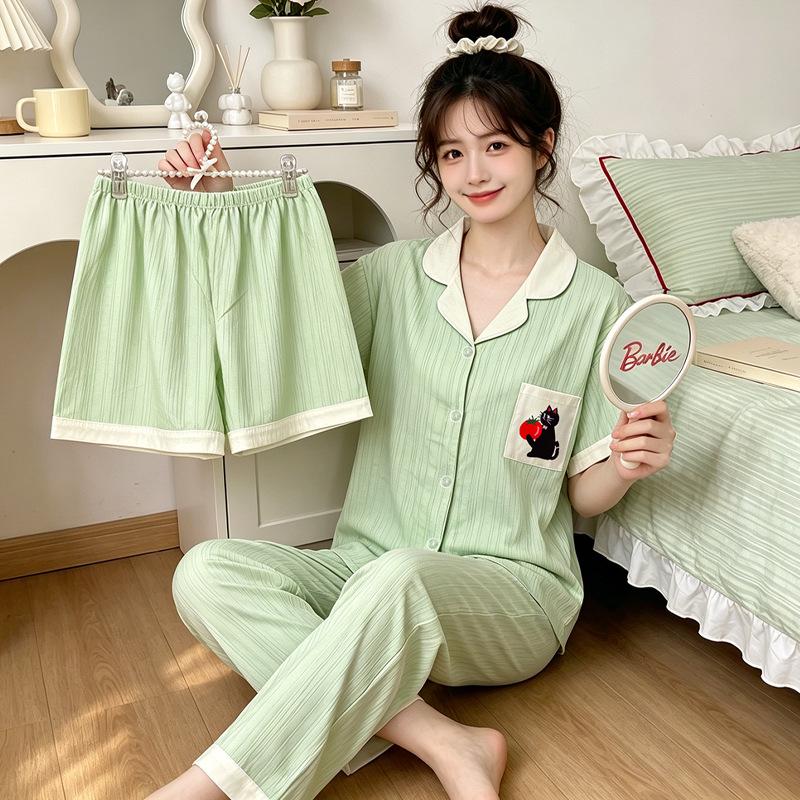 Leopard Print Love Heart Short Sleeve Pajama Set: Women's Summer Cloud Cotton Three-Piece Loungewear
