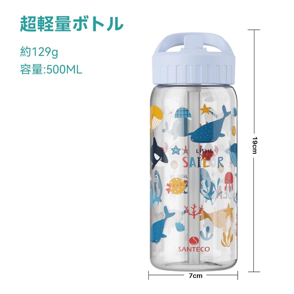 SANTECO Children's Water Bottle with Straw, 500ml, Direct Drinking, with Handle, Tritan Material, Cold Water Only, Lightweight, Cute, Kids'