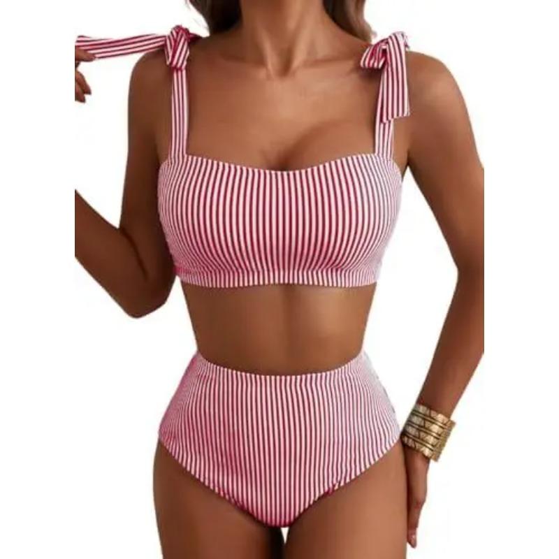 Women Two-piece Halter Vest Swimwear Sexy Striped Ruffle High Waisted Bikinis Set Female Bathing Suit Tie Strap Beachwear