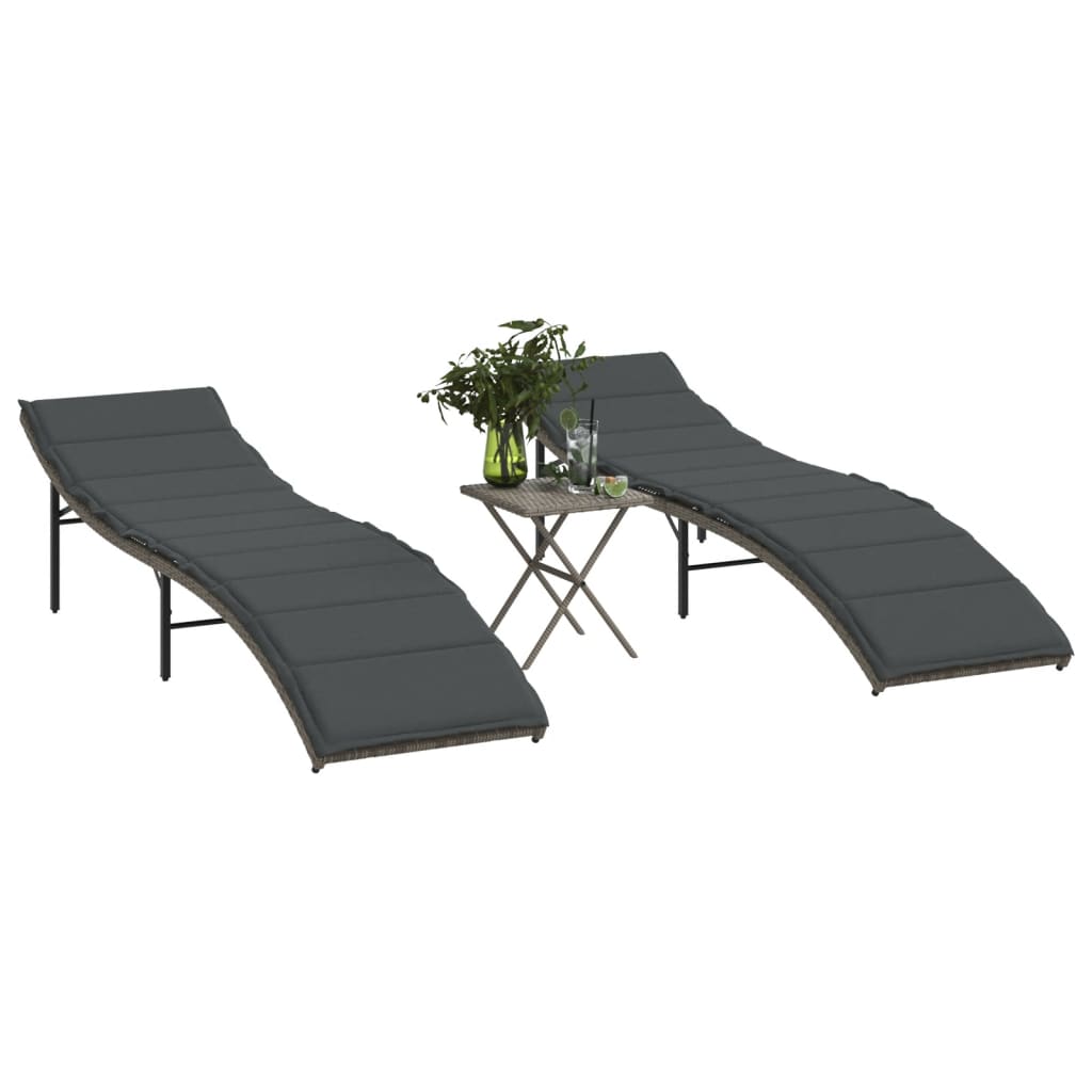 Vidaxl Sun Loungers with Table, 2 Pcs, Grey, Poly Rattan
