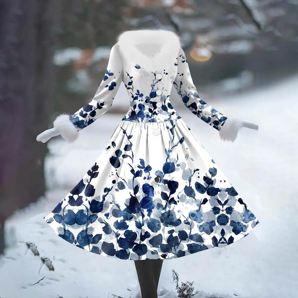 Women's Casual Dress Long-Sleeve V-Neck Patchwork Fleece Christmas Print Dress