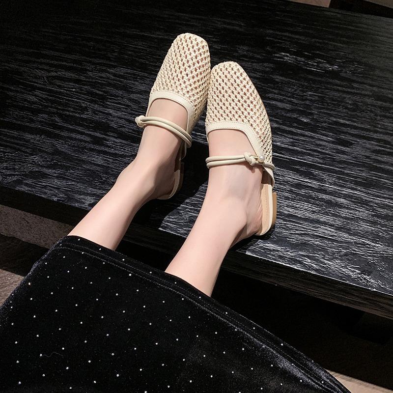 Fashion Women Dress Shoes Women's Square Toe Hollow Out Sandals Woman Slipper Designer Flat Elegant Shoe Sheepskin Inner Layer 2025