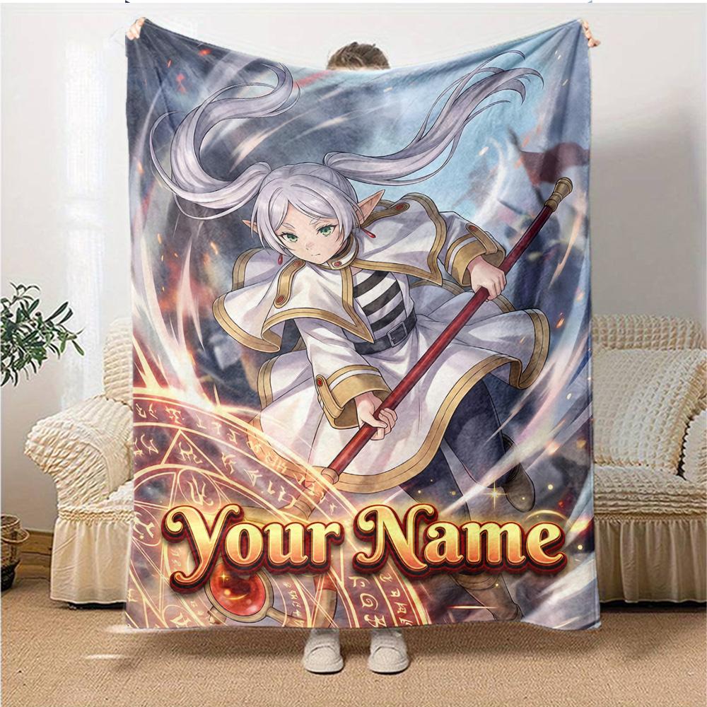 1pc Frieren Blanket with Custom Name, Gift, for Men and Women, Soft Blanket, Good for Sofa Bed Couch Travel, Lightweight Flannel Blanket