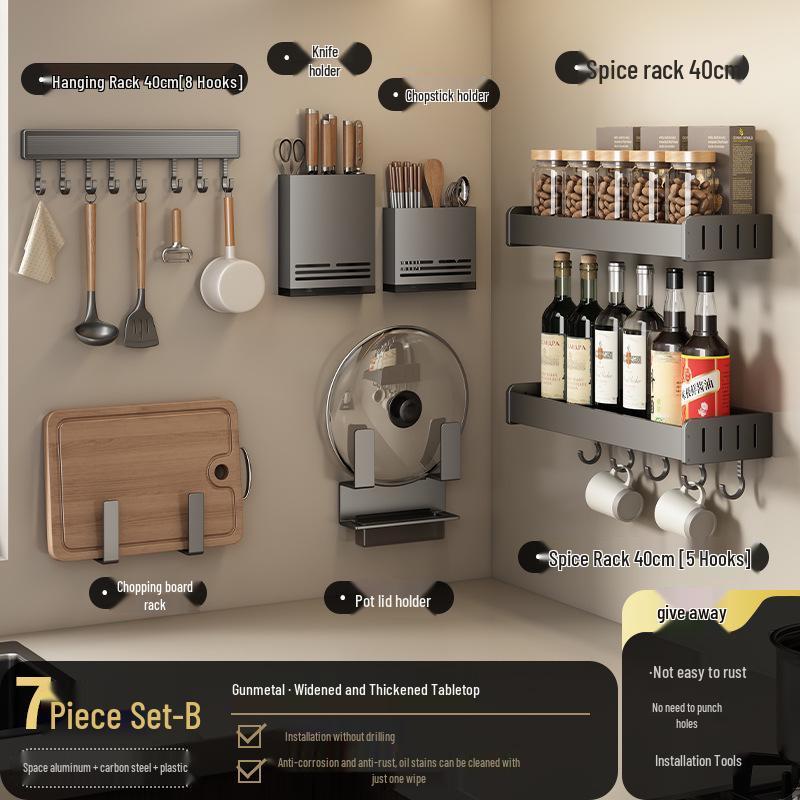 Gunmetal Gray Wall-Mounted No-Drill Kitchen Rack for Knives, Seasonings, and Cutting Boards