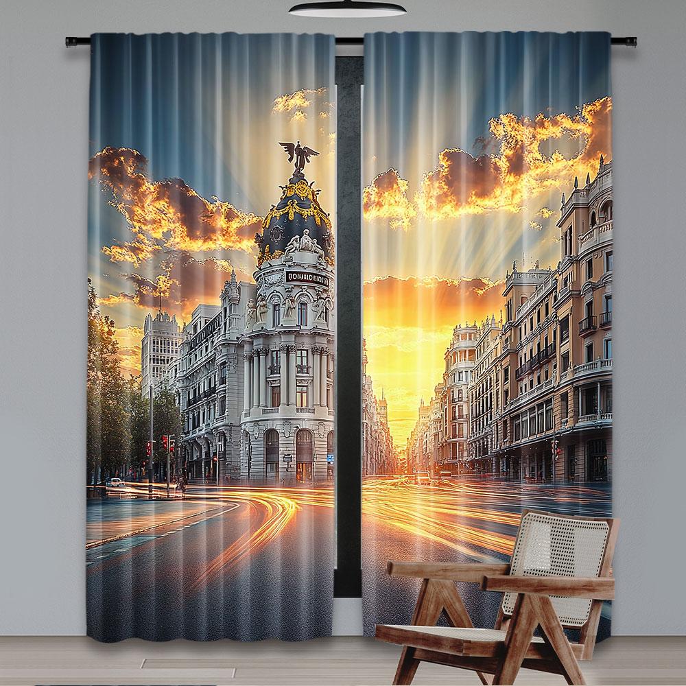 Set Of 2 Modern European Curtain View Streets Madrid Sky Landscape Big Old Town Heritage Bedroom Living Room For Sitting Made Polyester