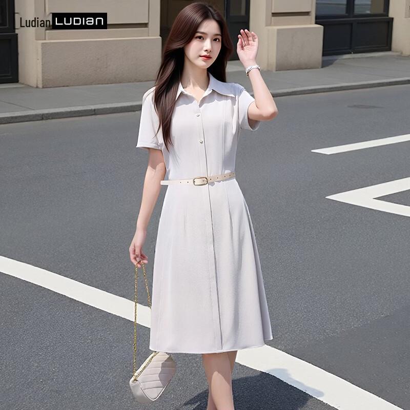 Ludian Women s Elegant V-Neck Belted A-Line Shirt Dress 185/104A