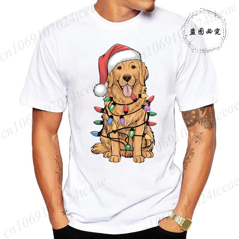 New Mens TShirts Christmas Golden Retriever Print TShirts Round Neck Short Sleeve Casual Tshirt Happy New Year Dog Shirts