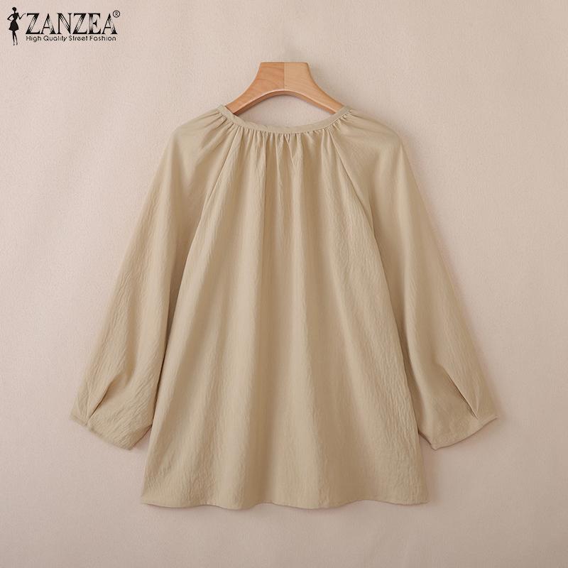 ZANZEA Women Casual V-Neck Solid Color Loose 3/4 Sleeve Blouse